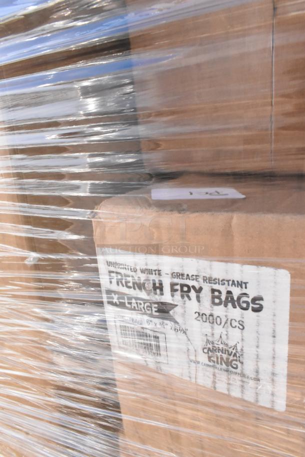 Stacked boxes wrapped in plastic, featuring "Unprinted White Grease Resistant French Fry Bags" from Carnival King; X-Large, 2000 per case.