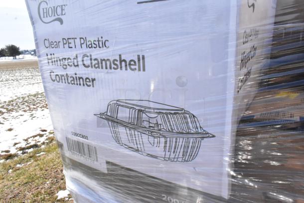Plastic-wrapped pallet with Choice clear PET plastic hinged clamshell containers. Label shows item illustration and barcode.