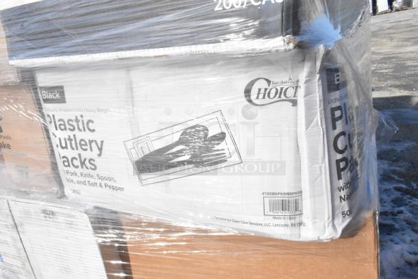 Sealed pallet of 37 scratch and dent items including Choice portion cup lids, microwavable containers, and cutlery packs.