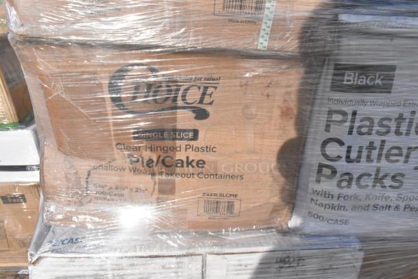 Sealed pallet of Choice clear hinged pie containers, cutlery packs, and more. Scratch and dent condition. 37 items per bid.