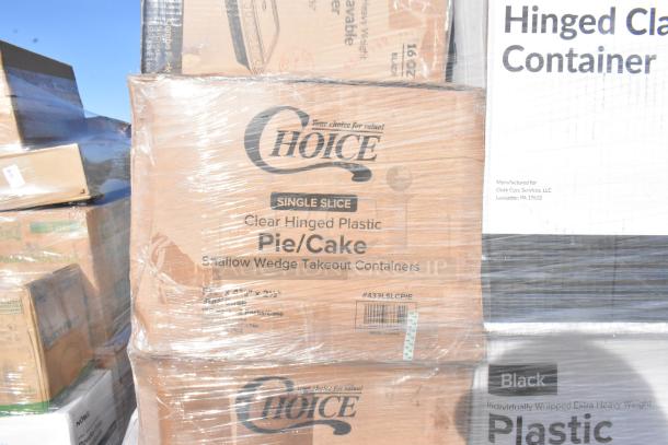 Boxes of Choice brand pie/cake containers wrapped in plastic. Includes microwavable containers and cutlery packs. Brand new.