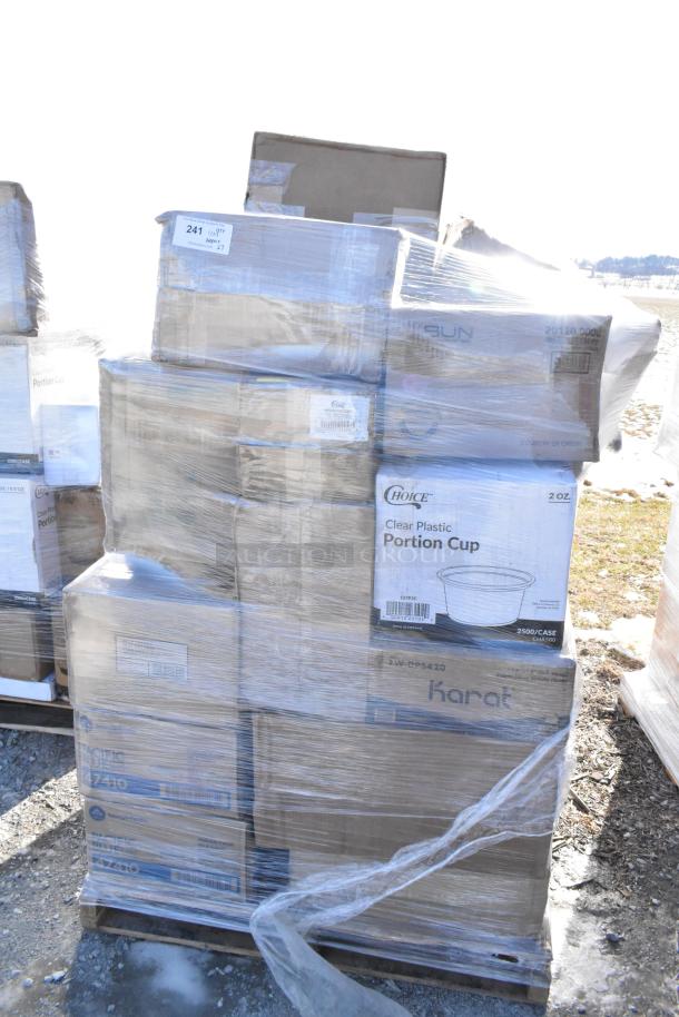 Pallet of assorted new scratch and dent items, including boxed cold cups, meat bags, hot cups, and gloves, wrapped in plastic.