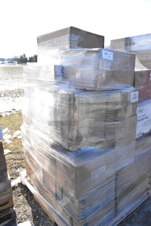 Pallet of 27 brand new scratch and dent items including boxes of cold cups, meat bags, hot cups, gloves, wrapped in plastic.