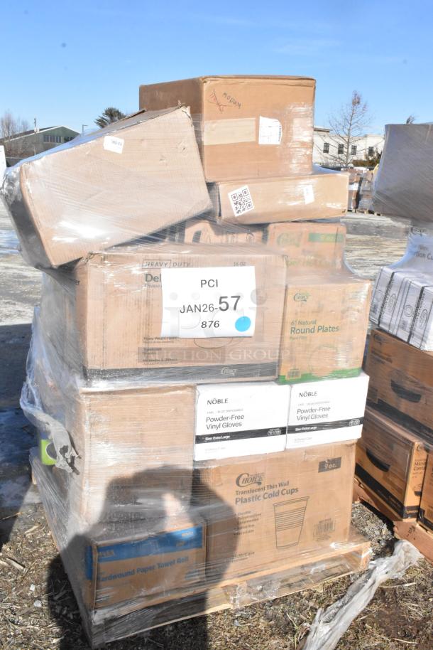 Plastic-wrapped pallet of 27 scratch and dent items including Noble gloves, Choice cold cups, and round plates.