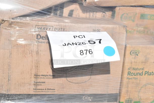 Pallet of various new scratch and dent items, including cold cups, meat bags, hot cups, and gloves. Label reads "PCI JAN26-57 876".