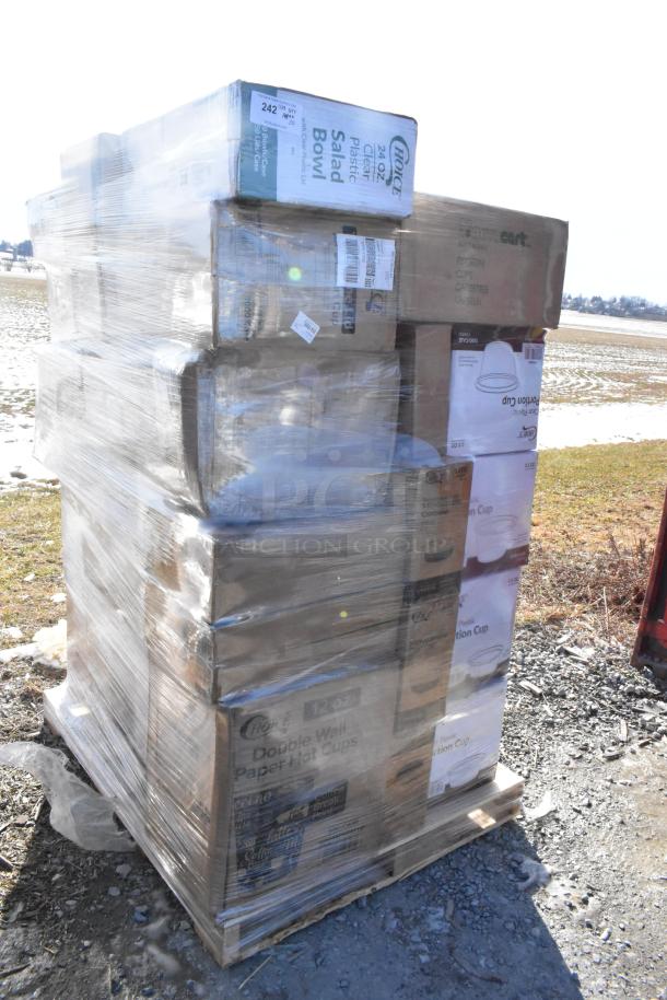 Shrink-wrapped pallet with 30 new scratch and dent items, including portion cups, plastic plates, and meat trays.