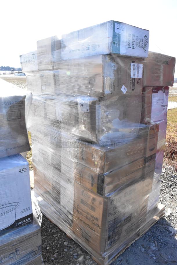 Pallet of 30 new scratch and dent items, including portion cups, plastic plates, and containers, in sealed boxes.