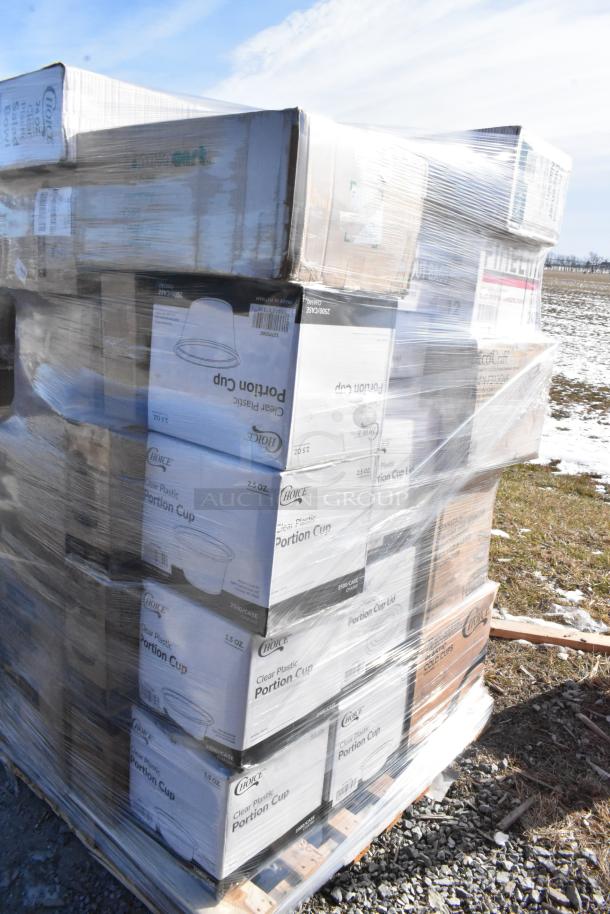 Stack of boxed items on a pallet includes Choice clear plastic portion cups, wrapped for auction.