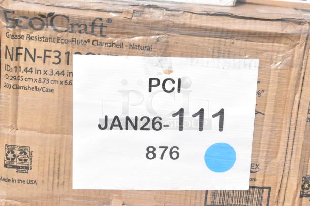 Box of EcoCraft grease-resistant clamshells, 200 per case, with shipping label and "Made in the USA" marking. Scratch and dent.