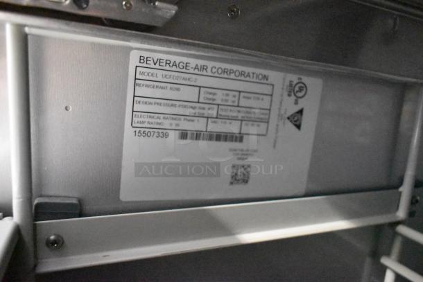 Label on Beverage Air UCFD27AHC-2 undercounter cooler, showing model, refrigerant type R290, and electrical ratings. Brand new.