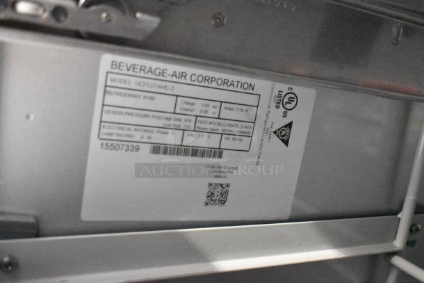 Label on Beverage Air UCFD27AHC-2 cooler, showing model, refrigerant type, voltage, phase, and UL certification.