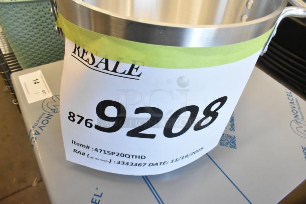 Two brand new "scratch and dent" Choice heavy weight aluminum stock pots, 20 qt and 80 qt, labeled 471SP20QTHD, resale tag 9208.