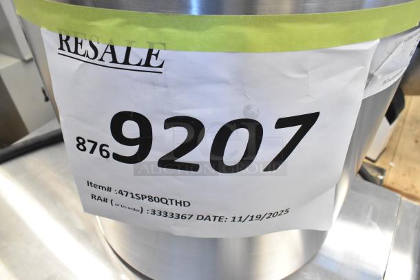 Brand new 471SP80QTHD Choice 80 Qt. heavy weight aluminum stock pot, labeled for resale, dated 11/19/2025.