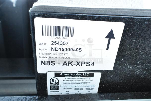 BRAND NEW Amerikooler ND1500940S Walk In Box, 5.5'x8', scratch and dent, no condenser or compressor, label shows part number and insulation details.