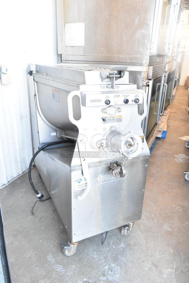 2016 Hobart MG2032 meat mixer grinder, electric, tested, with foot pedal, on casters, 208V, 3-phase.