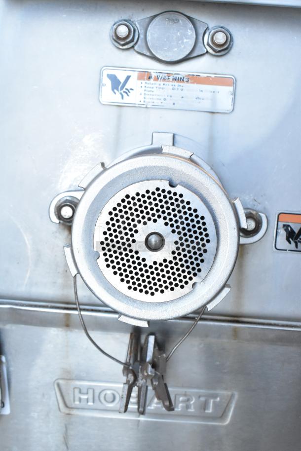 2016 Hobart MG2032 commercial electric meat mixer grinder, stainless steel, with foot pedal, on casters, 208V, 3 Phase.