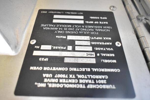 Plate label on a 2024 Turbochef HhC2020 commercial conveyor oven showing model, serial number, voltage, and phase details. Brand new condition.