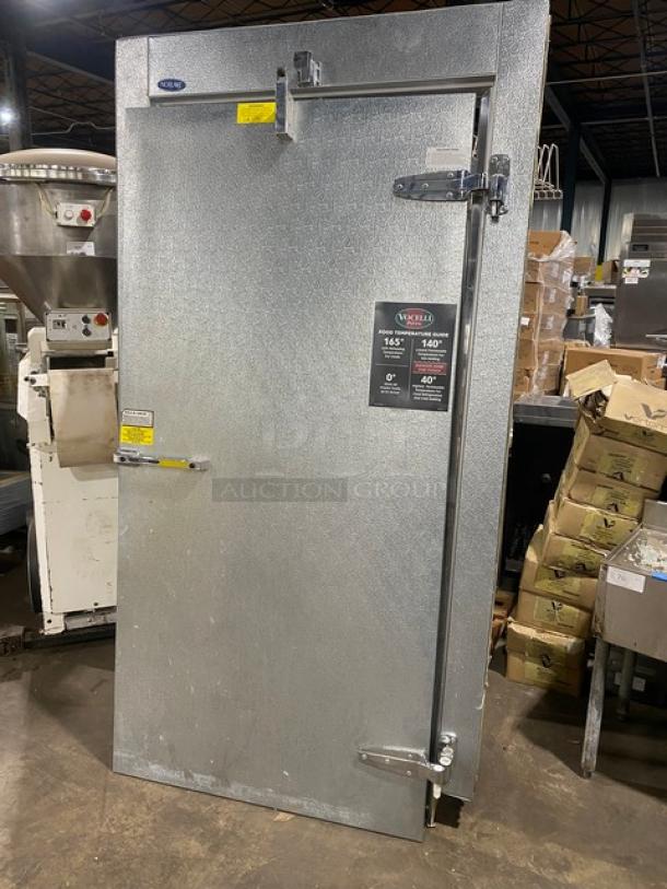 Commercial stainless steel kitchen door, 16"W x 40"H, insulated, durable, locking mechanism, used condition, NSF label visible.