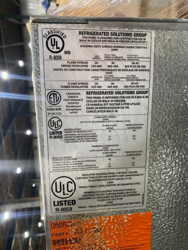 Refrigerated Solutions Group panel with UL listings for safety standards, designed for walk-in coolers/freezers. Features composite materials and flame spread ratings.