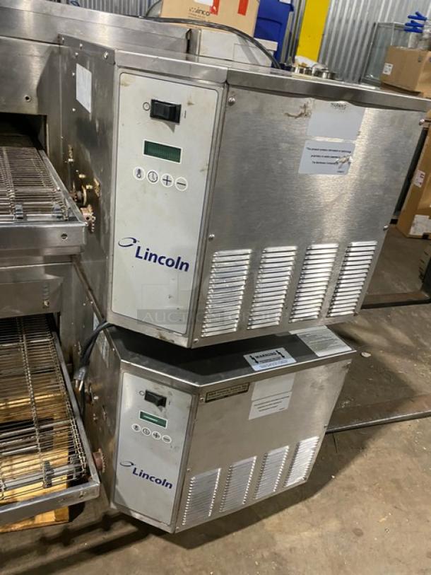 Lincoln commercial pizza ovens, stainless steel, stackable units with control panels. Used, in good condition.