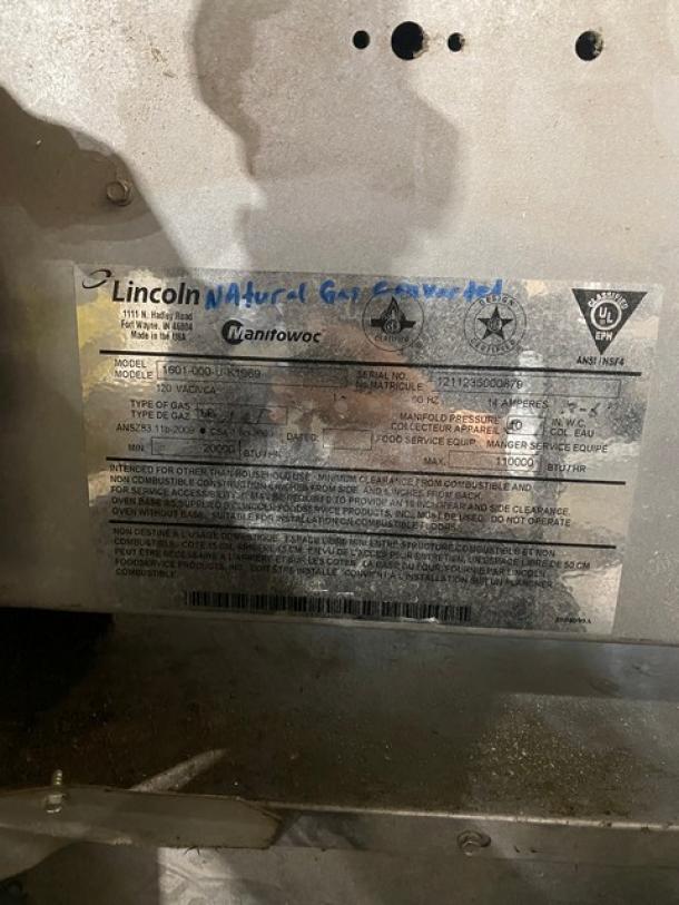 Lincoln natural gas converted appliance label, model 1601-000, showcasing specifications and safety information.