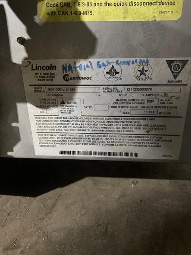 Lincoln oven label with model 1601-000-U-K1999, uses natural gas. Serial No: 1211235000878, 110,000 BTU/hr.
