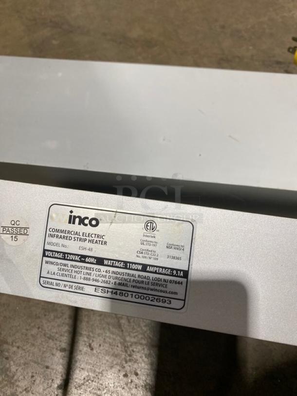 Inco commercial electric infrared strip heater, model ESH-48, 1100W, 120V, 60Hz, serial ESH48010002693, QC passed.
