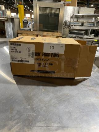 Box of Cambro food pans, model 32HP150, 2.5" size, new condition. Labels show quantity 13, suitable for commercial use.