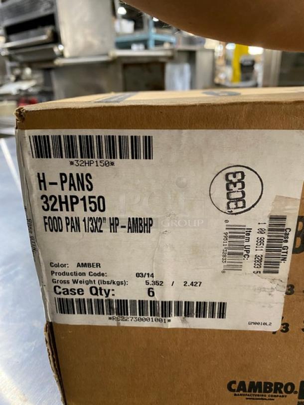 Cambro H-Pans 32HP150, amber food pans, 1/3x2" size, case of 6, production code 03/14, new condition, labeled box.