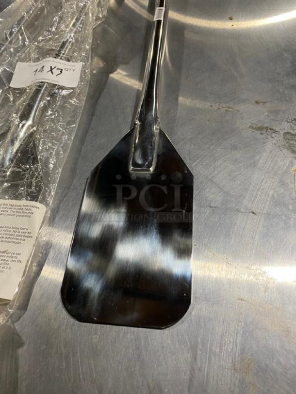 Stainless steel spatula with rectangular head, shiny finish. Includes packaging with "14 X3 QTY" label, indicative of a set.