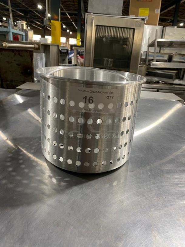 Metal perforated cooking pot, aluminum, industrial grade, numbered "16," excellent condition, visible brand tag.