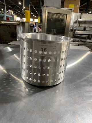 Metal perforated cooking pot, aluminum, industrial grade, numbered "16," excellent condition, visible brand tag.
