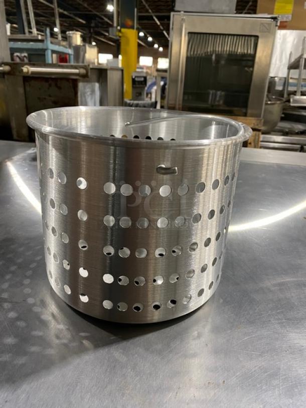 Stainless steel perforated basket, sturdy design, excellent condition, circular holes, ideal for industrial use.