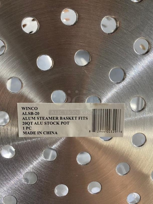 Winco ALSB-20 aluminum steamer basket, fits 20qt stock pot. New condition, labeled "Made in China."