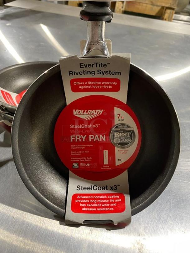 Vollrath 7-inch fry pan with SteelCoat x3 coating, EverTite riveting system, new condition, nonstick, advanced abrasion resistance.