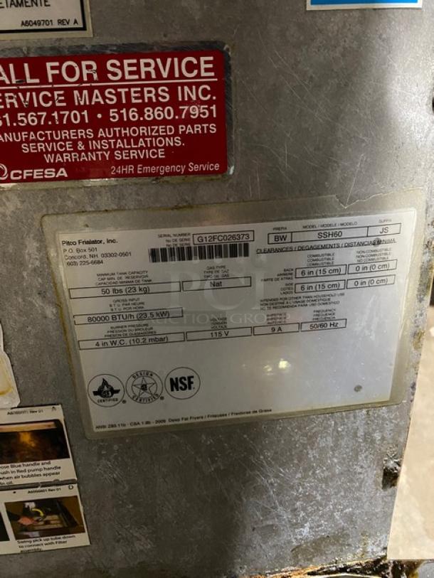 Commercial fryer label showing model Pitco SSH60, 80,000 BTU/hr, 115V, natural gas. Includes service contact info and NSF certification.