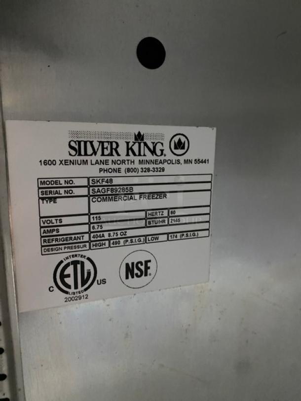 Silver King Commercial Freezer label, Model SK48, Serial SAGE89285B, 115 volts, 60 hertz, NSF certified.