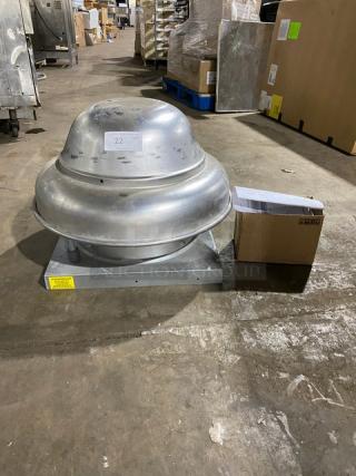 Industrial roof exhaust fan, metal, with attached label reading "22". Includes a cardboard box with shipping details.