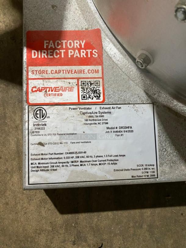 CaptiveAire exhaust air fan, model DR3HFA, certified by Intertek. Features motor info and factory direct parts label.