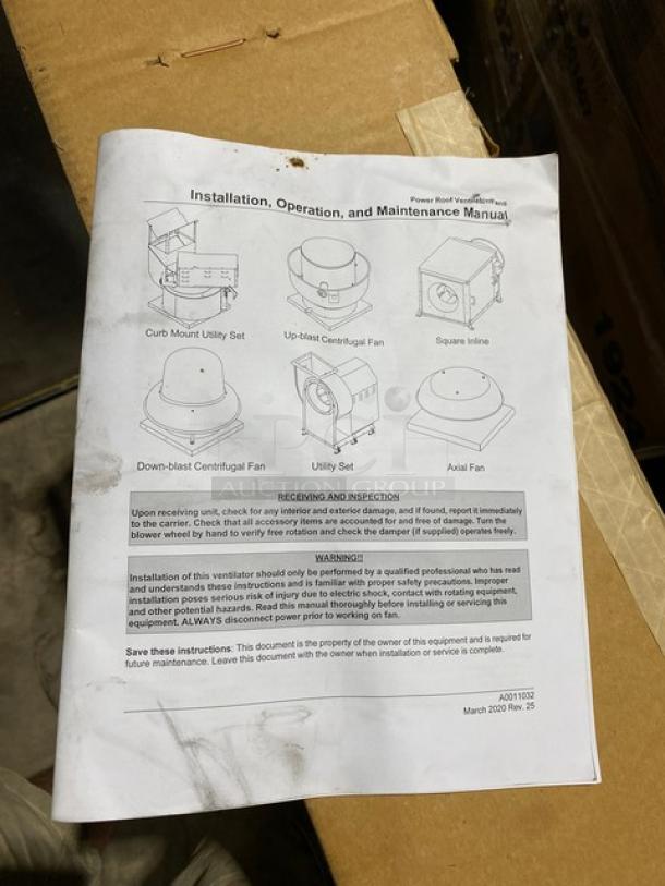 Installation manual with diagrams for various fan types, including Curb Mount, Up-blast, and others. Slightly worn condition.