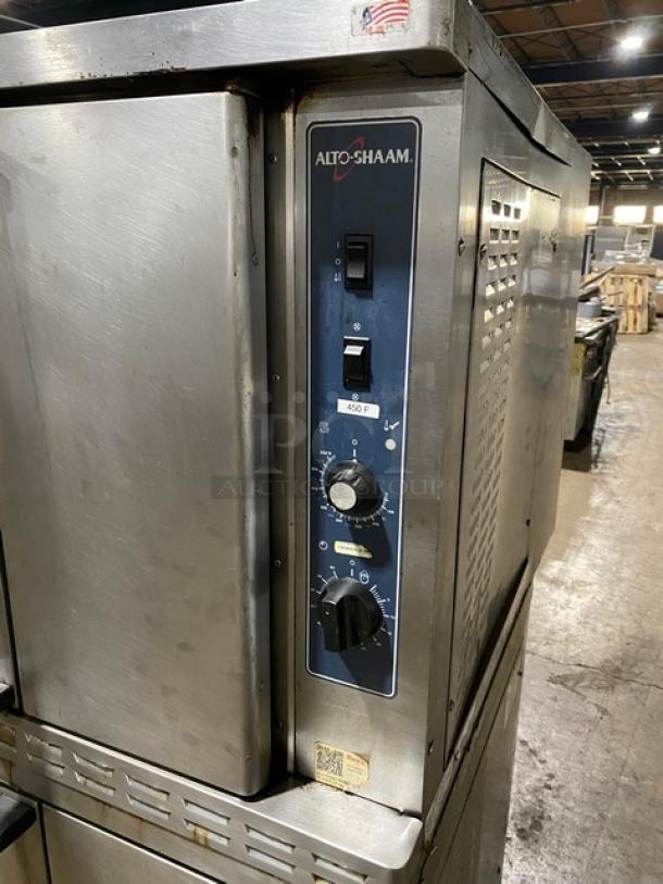 Alto-Shaam commercial oven, stainless steel, visible control panel with temperature dial, model tag, used condition.