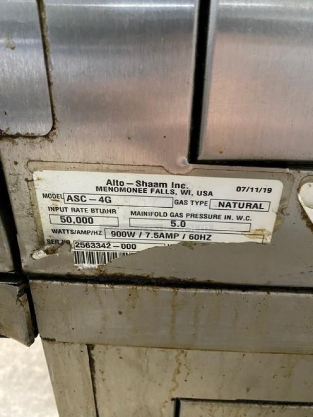 Alto-Shaam oven, model ASC-4G; input rate 50,000 BTU/hr, 900W; natural gas; serial number 2563342-000; used condition.