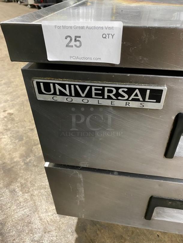 Universal Coolers commercial stainless steel cooler, two drawers, used condition, auction tag number 25.