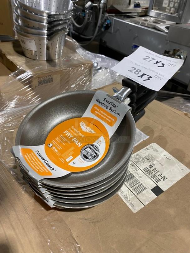 Set of Volrath fry pans with EverTite riveting, PowerCoat2 non-stick coating, new condition, on auction display.