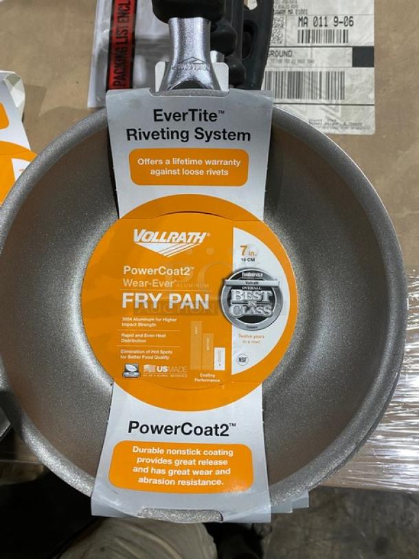 Vollrath 7-inch aluminum fry pan, PowerCoat2 nonstick, EverTite riveting, NSF certified, lifetime warranty, new condition.
