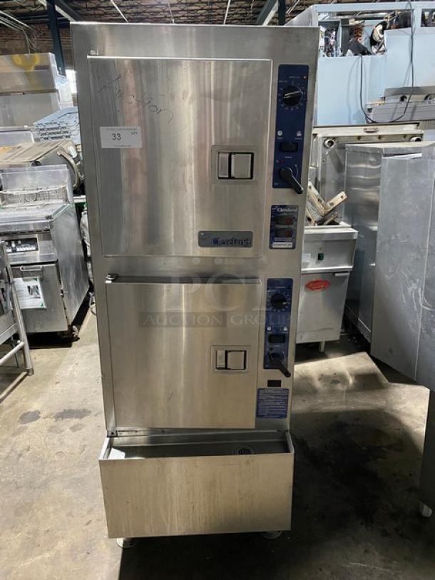 Alto-Shaam holding cabinet, stainless steel, double door, blue control panels, model label partially visible, used condition.