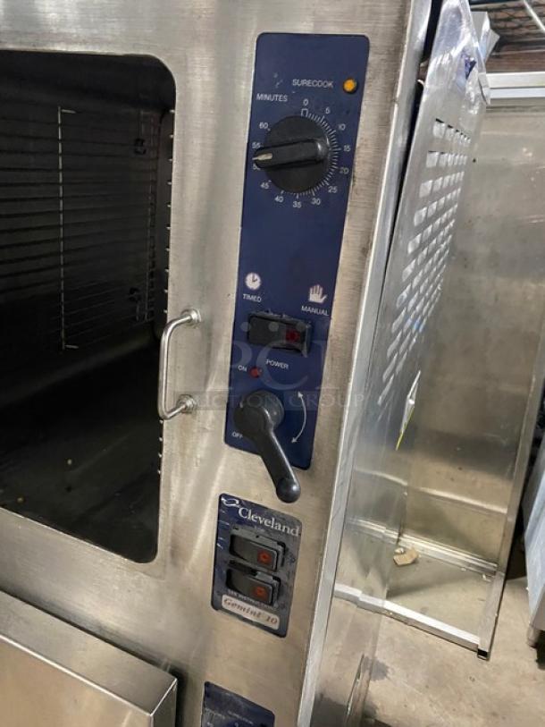 Cleveland Convotherm 10 commercial oven, stainless steel, timer, power settings, good condition, branded controls visible.