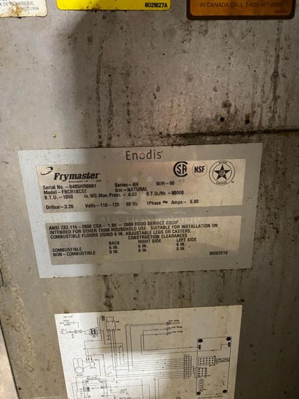 Frymaster Enodis commercial fryer label showing model REGBPISC, serial number, 90,000 BTU/hr, and natural gas specifications.