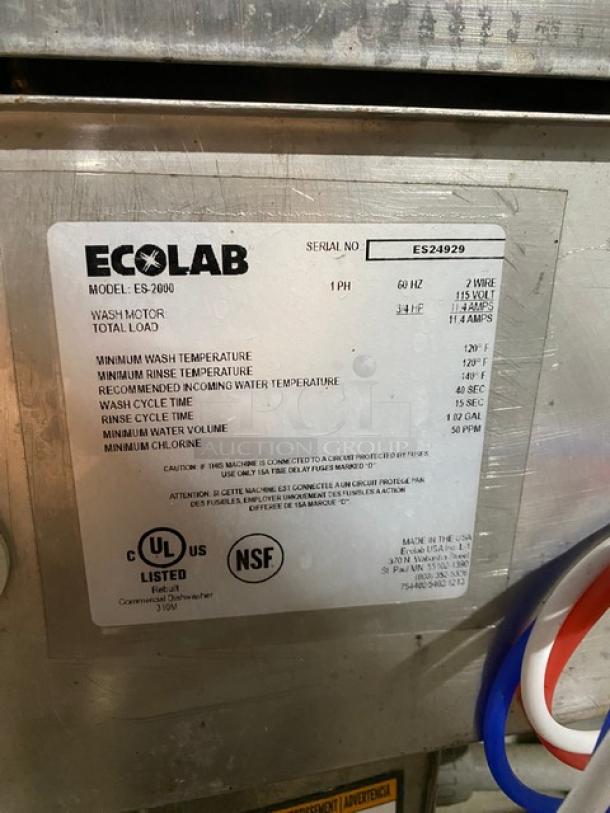 Ecolab dishwasher model ES-2000, serial ES24929. UL and NSF listed. Specifications include wash and rinse temperatures.