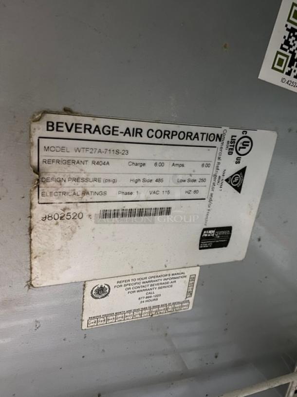 Beverage-Air Corporation label showing model WTF27A-7I1S-23, refrigerant R404A, and UL certification. Condition: Used.